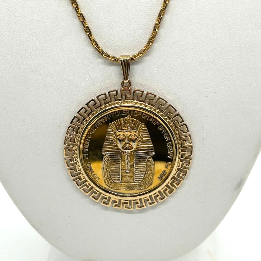 Tutankhamun Gold-tone Coin Pendant Necklace Egyptian Symbols & Greek Key Border - Picture 8 of 14